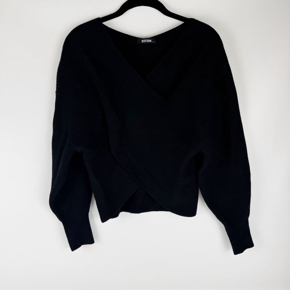 BTFBM Black Ribbed Wrap Front Pullover Sweater - Size S - Balloon Sleeve